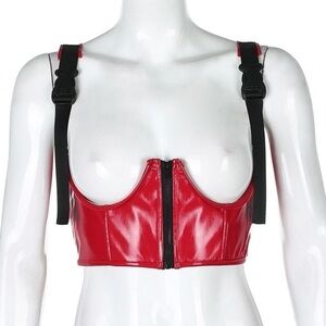 Sexy PU Leather Punk Crop Top Tank Corset Buckle Straps Zip Vest Gothic Fit - M